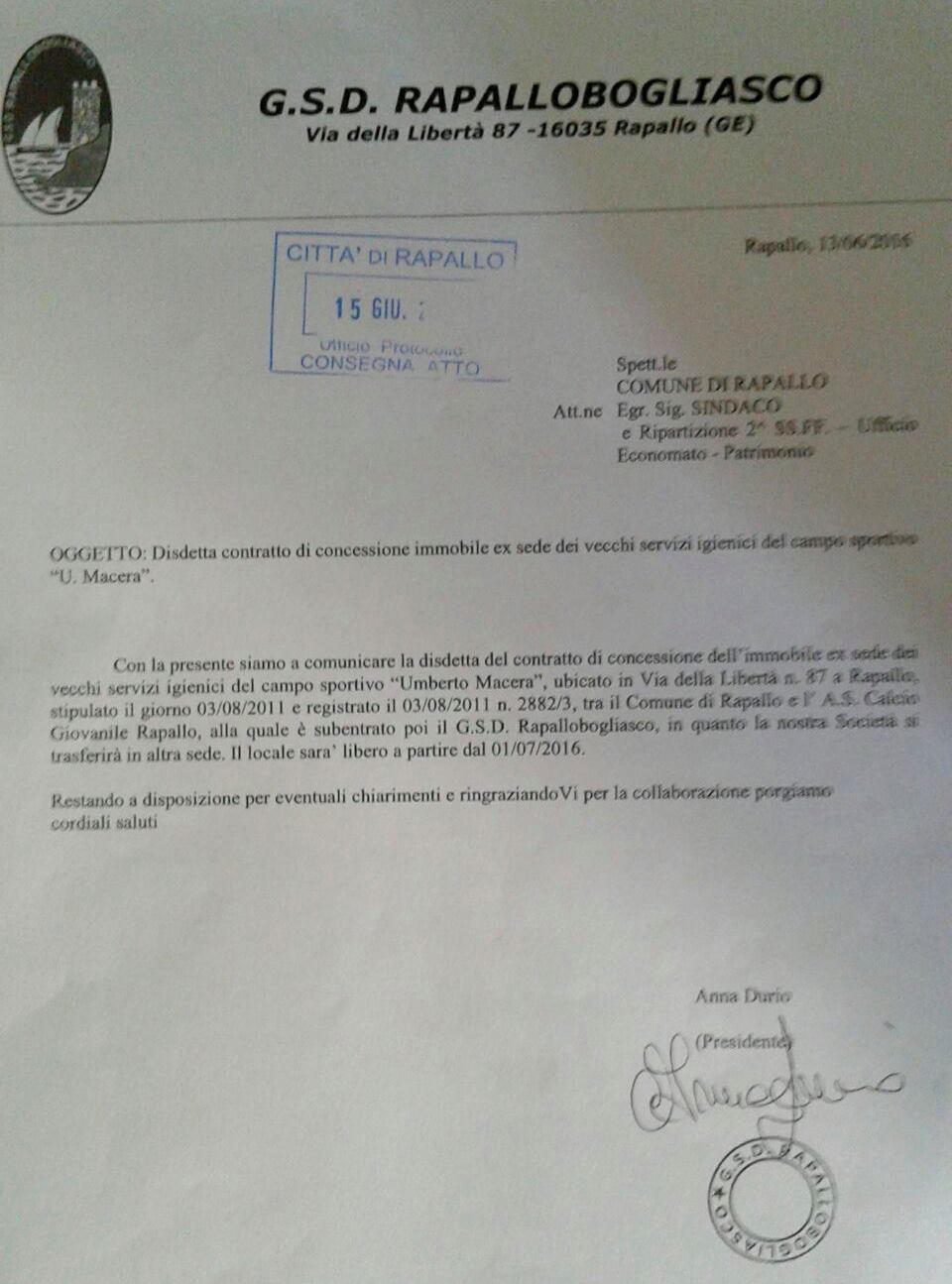 La lettera del Rapallo Bogliasco al Comune di Rapallo